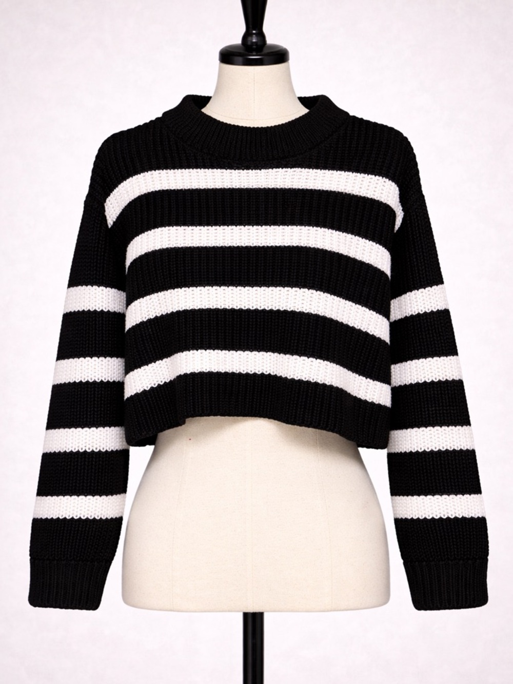 Streetwear Society Black & White Striped Cropped Crew Sweater
